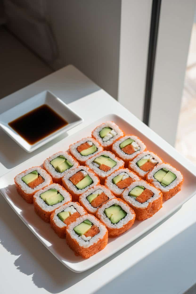 A brightly lit indoor plate of sliced brown-rice sushi filled with cucumber, avocado, and carrot sticks, soy dish on the side. Slight overhead angle, no text or logos. Photo only.