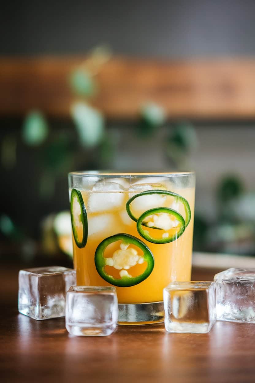 Indoor photo of a rocks glass containing golden pineapple juice with thin jalapeño slices floating, ice cubes around; no text or logos.