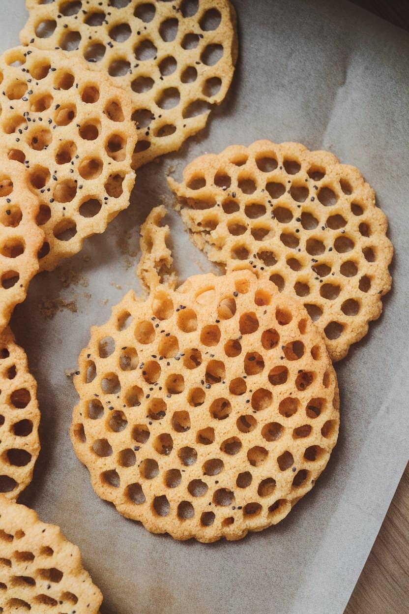 Indoor photo of ultra-thin vegan lace cookies, honeycomb-like holes, sesame seeds visible, laid flat on parchment, no text or logos
