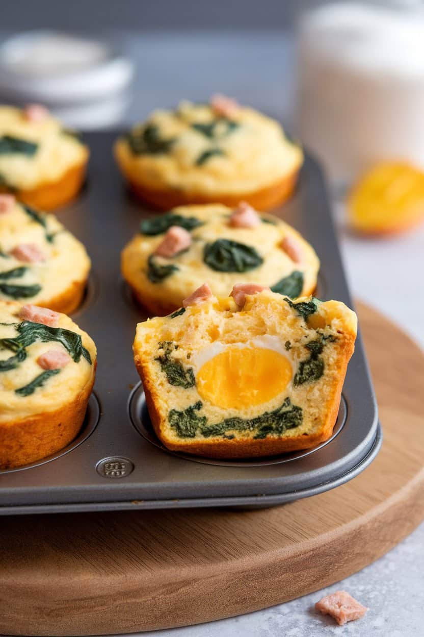 Indoor photo of a muffin tin holding baked egg muffins studded with green spinach and diced turkey, one muffin cut open to show interior; no text or logos