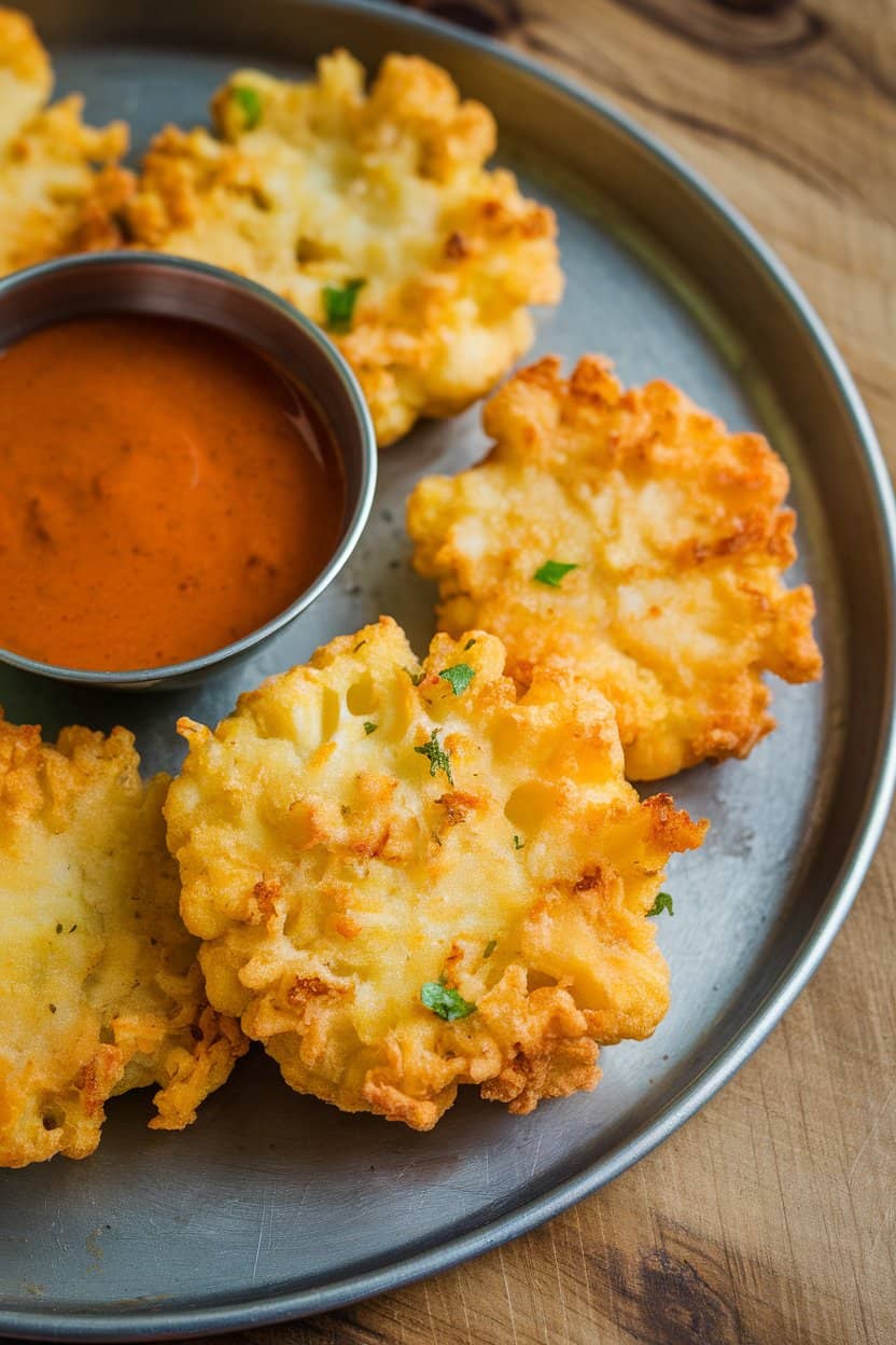 Indoor photo of golden cauliflower fritters on a metal tray with tamarind dipping sauce. No text or logos.