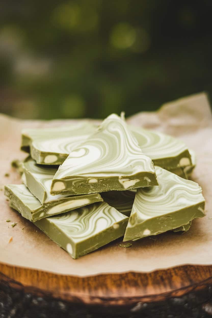 An indoor photo of pale green matcha-swirled white chocolate bark broken into shards, resting on parchment; soft diffused lighting; no text or logos.