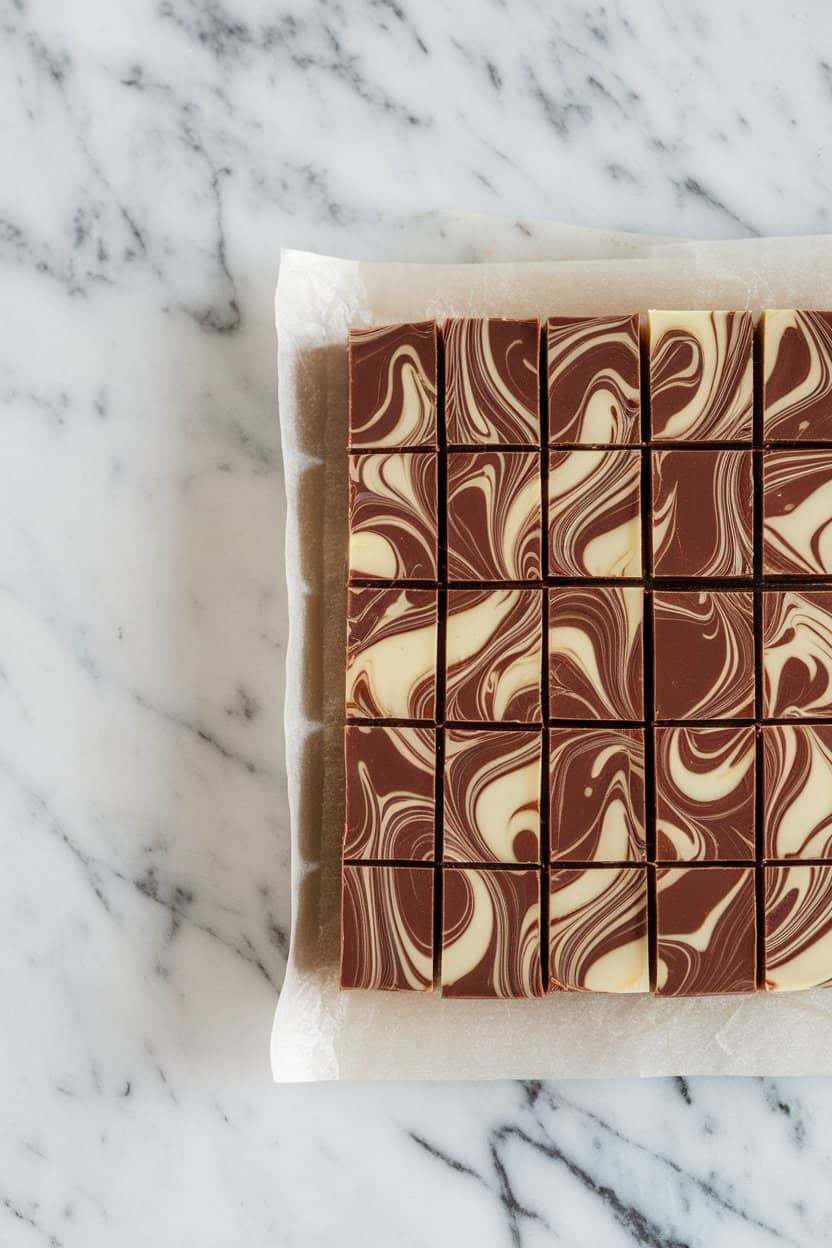 An indoor marble countertop featuring neatly cut squares of dark, milk, and white chocolate swirled fudge on parchment. No text or logos, photo.