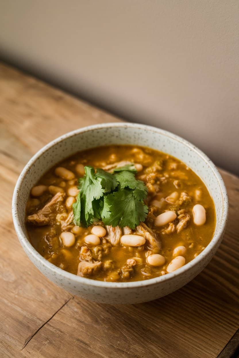 Indoor wooden table with a bowl of green turkey chili, tomatillo broth dotted with white beans and turkey pieces, cilantro garnish. No text or logos.