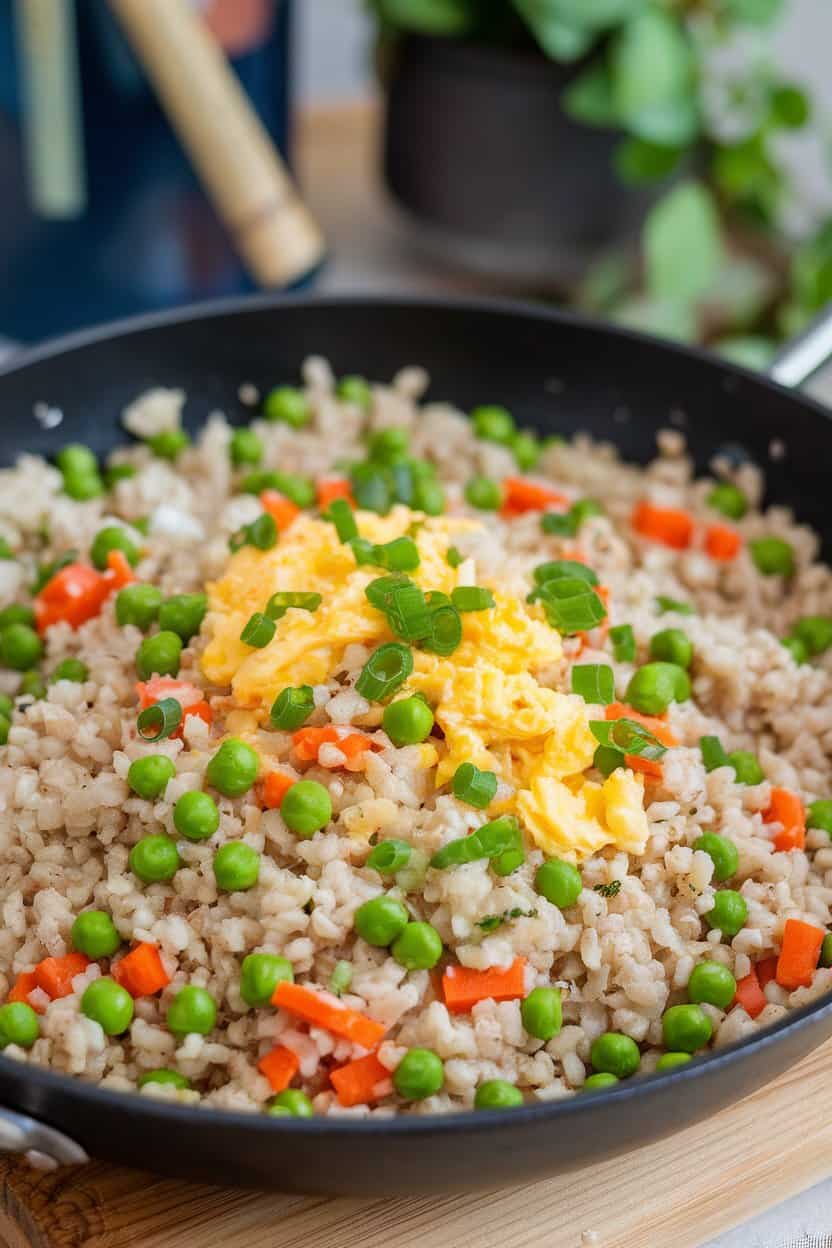 An indoor skillet scene featuring cauliflower rice stir-fried with peas, carrots, scrambled eggs, and green onions, light soy sheen visible. No text or logos. Photo only.