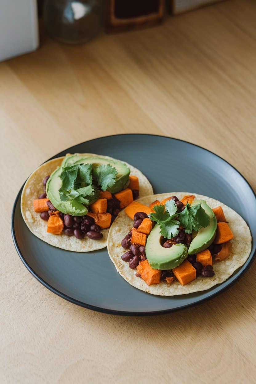 Photo of two corn tortillas on an indoor plate topped with roasted sweet potato cubes, black beans, avocado slices, and cilantro. No text or logos present.