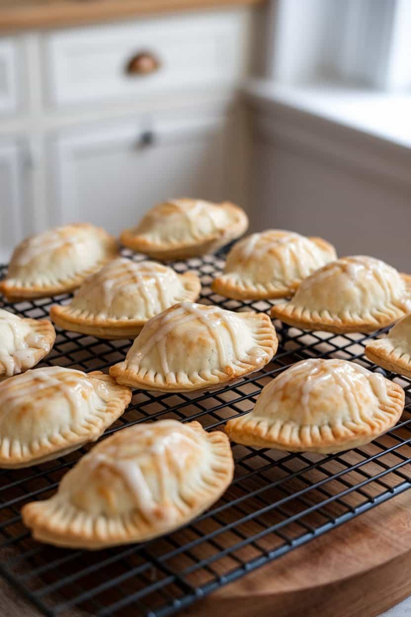 Indoor cooling rack with golden apple hand pies drizzled lightly with glaze, flaky crust layers visible, no branding.