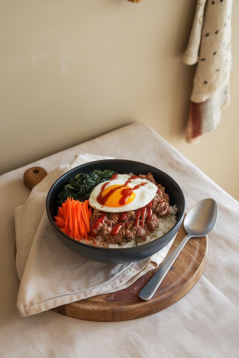 Indoor tabletop showing a bowl of steamed rice topped with cooked bulgogi beef, sautéed spinach, carrots, fried egg, and gochujang drizzle. No text or logos, photo not illustration.
