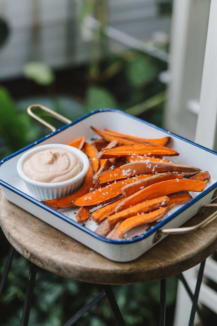 An enamel tray indoors with crisp baked sweet potato fries sprinkled with sea salt, accompanied by a chipotle mayo dip. No text or logos anywhere.