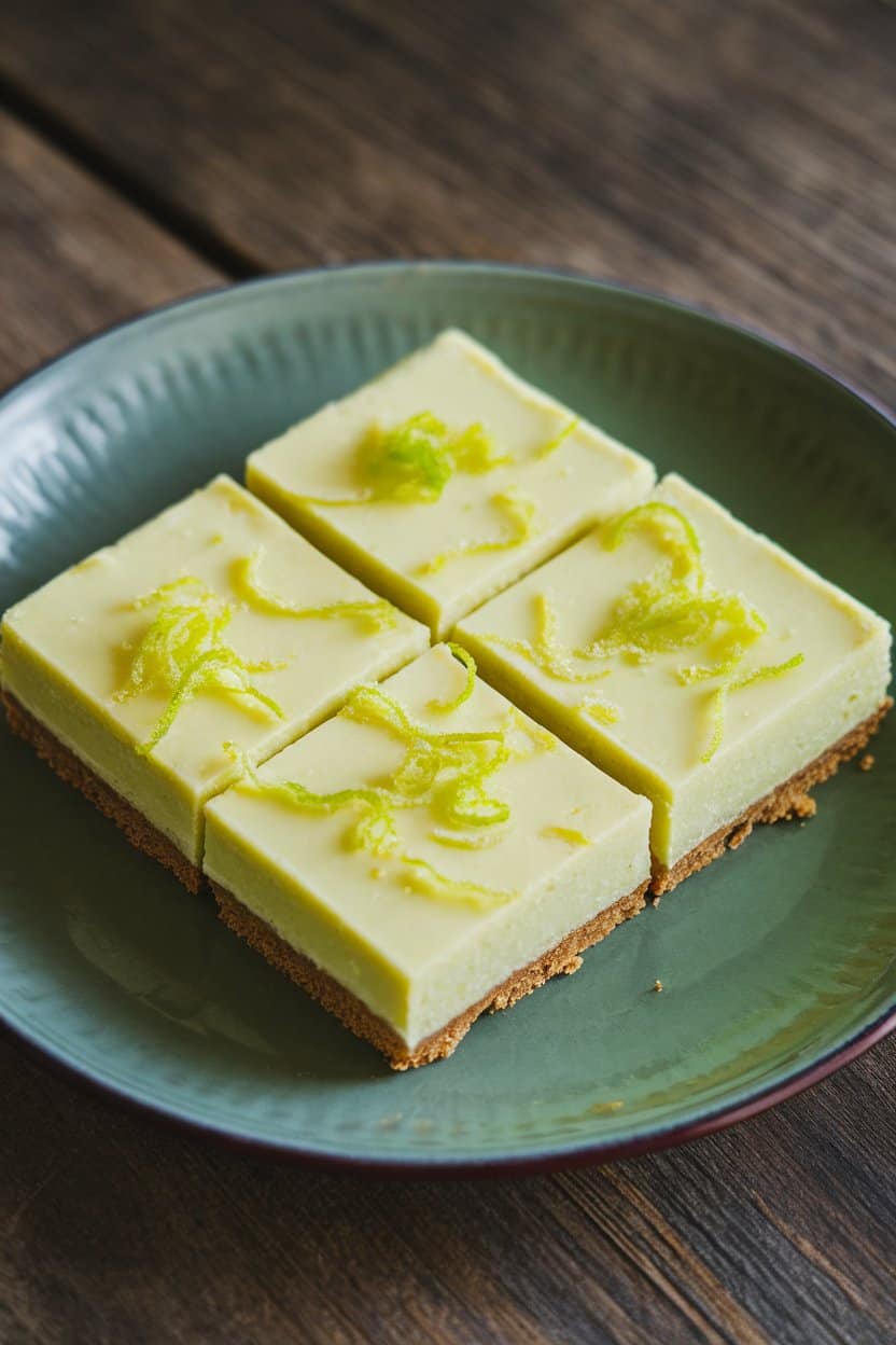 Indoor photo of creamy key lime bars on a graham crust, lime zest sprinkled on top, no text or logos.