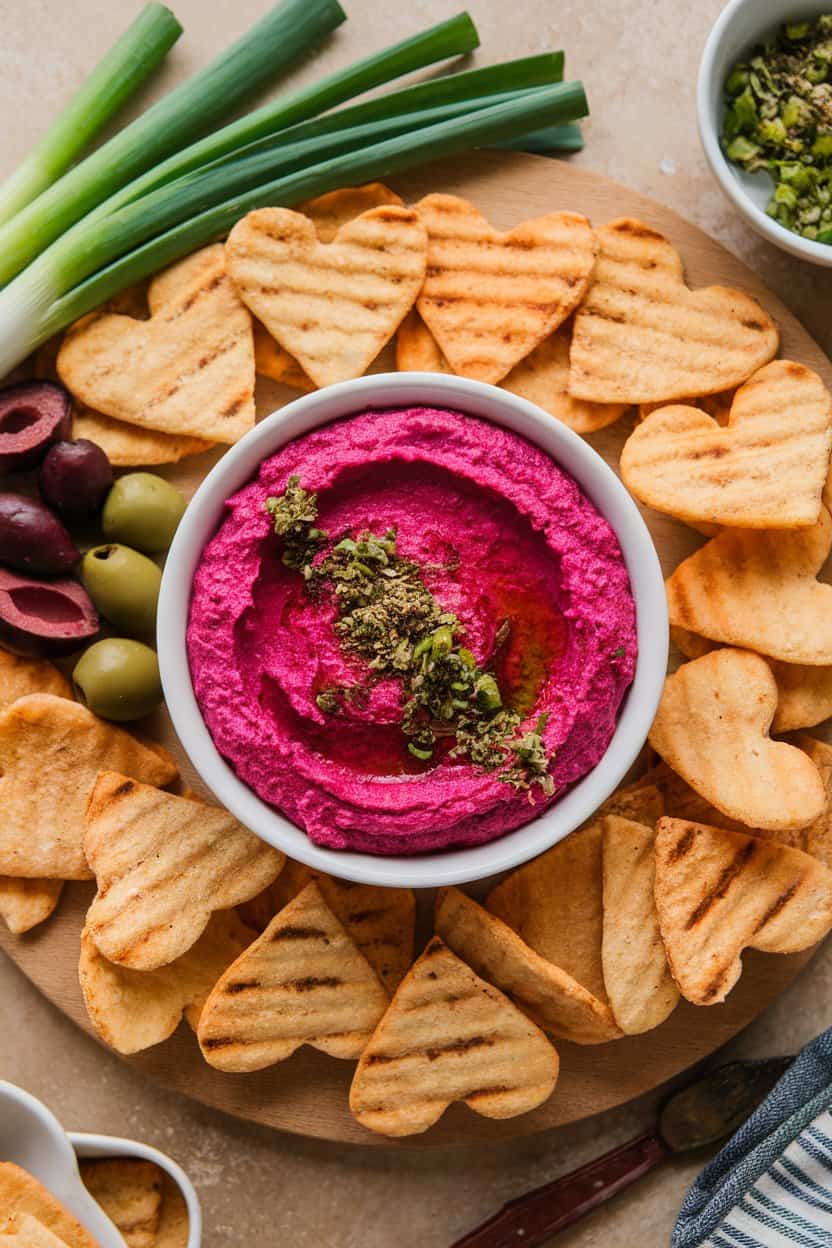 An indoor snack board featuring a vibrant pink bowl of beet hummus surrounded by heart-shaped toasted pita chips. No text or logos in sight.