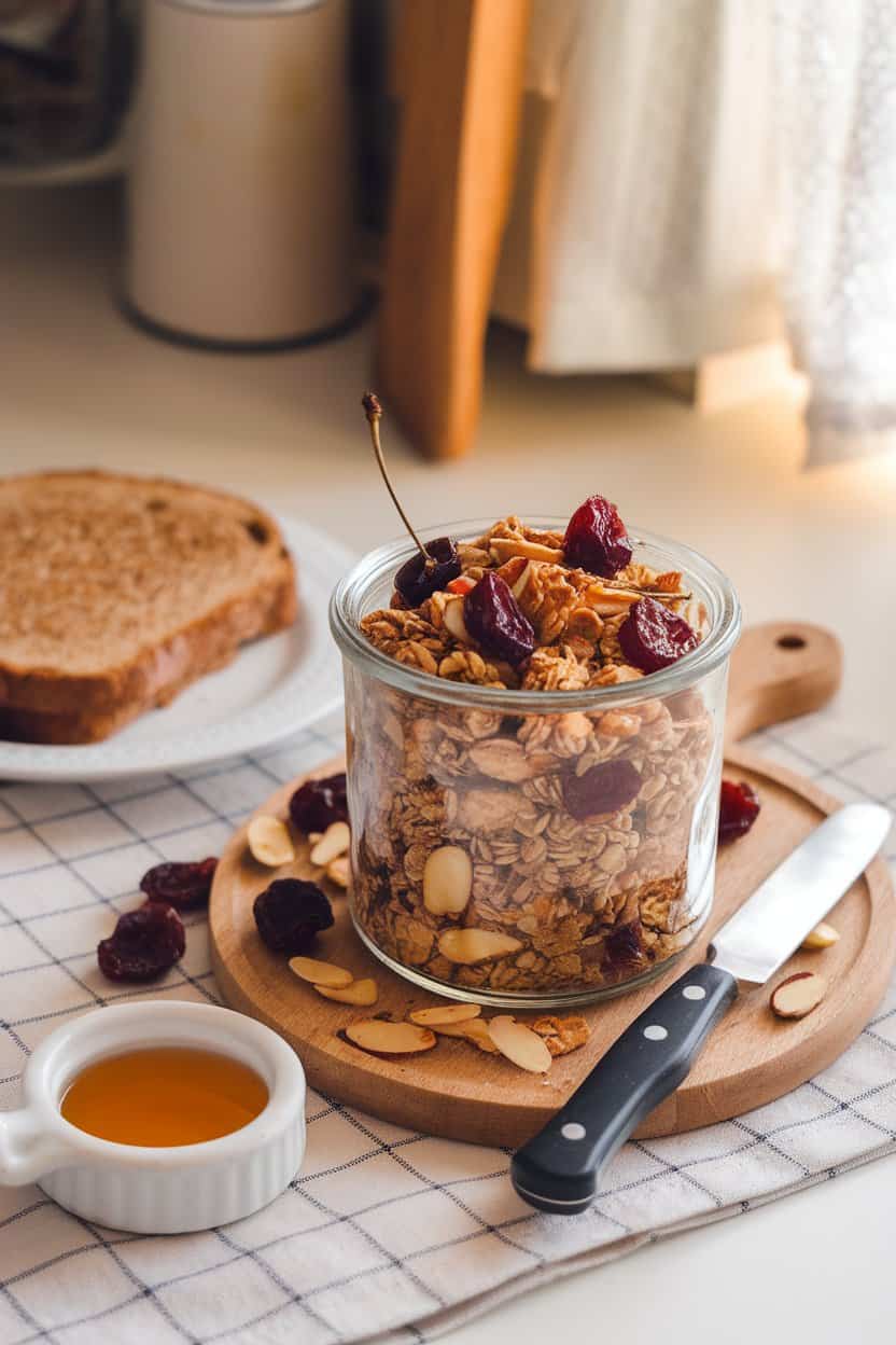 An indoor breakfast scene with chunky granola clusters dotted with dried cherries and sliced almonds in a glass jar; soft morning lighting; no text or logos.