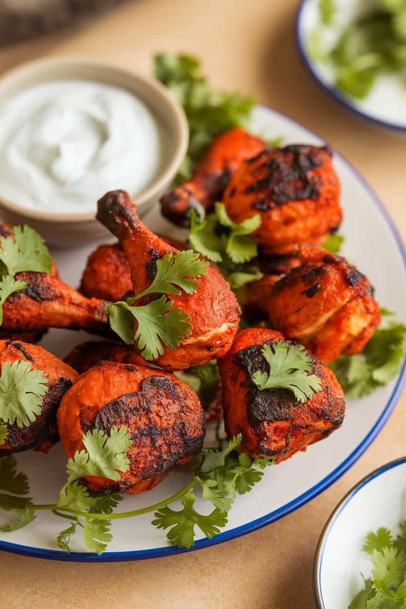 Indoor platter of reddish-orange tandoori chicken drumettes with charred edges and a side of cooling yogurt dip; no text or logos.