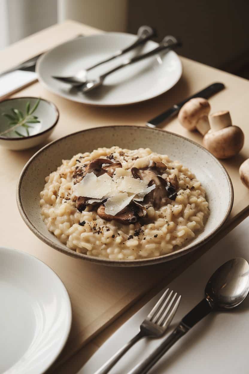 A softly lit indoor dining table featuring a shallow bowl of creamy mushroom risotto, drizzled with truffle oil and sprinkled with shaved Parmesan. No visible text or logos; photo, not illustration.