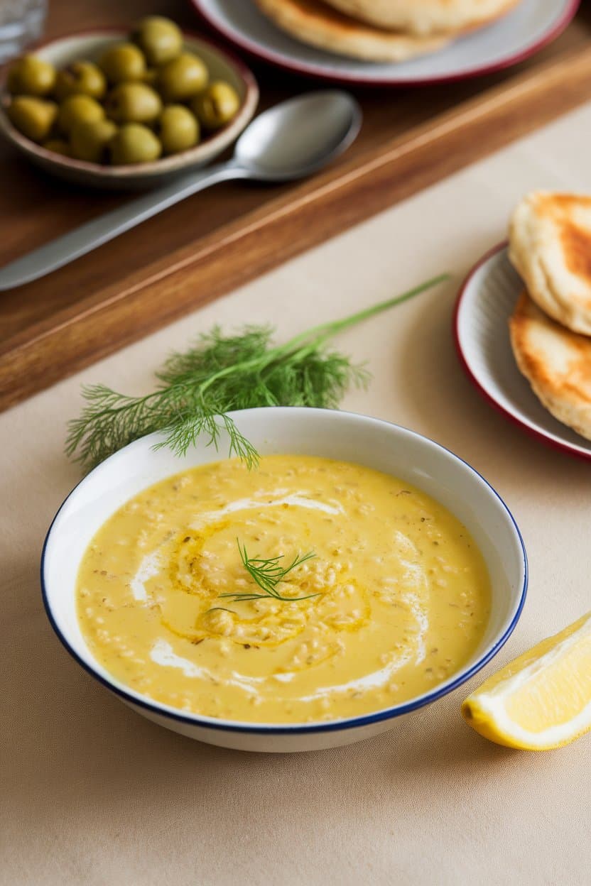 Indoor photo of creamy yellow avgolemono soup with visible rice grains and a lemon twist, served in a shallow white dish. No text or logos.