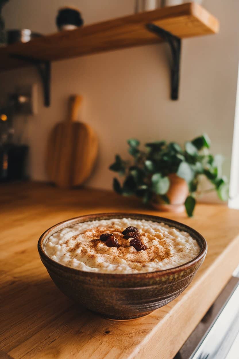 An indoor kitchen island with a rustic bowl of creamy rice pudding garnished with cinnamon and raisins. Warm lighting; no text or logos visible.