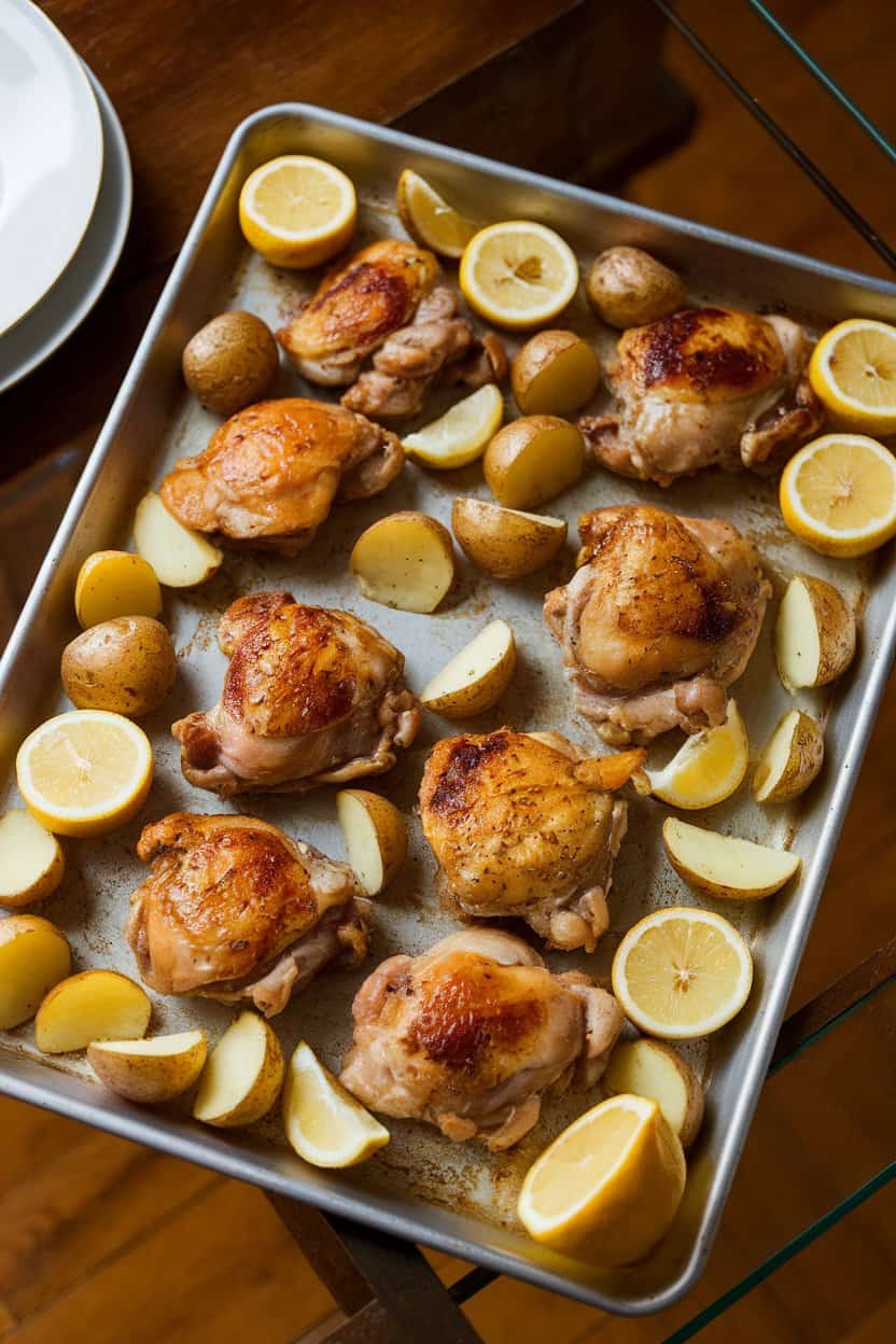 A sheet pan on an indoor dining table loaded with roasted chicken thighs, halved baby potatoes, and lemon slices; warm overhead lighting, no logos, photographed not illustrated.