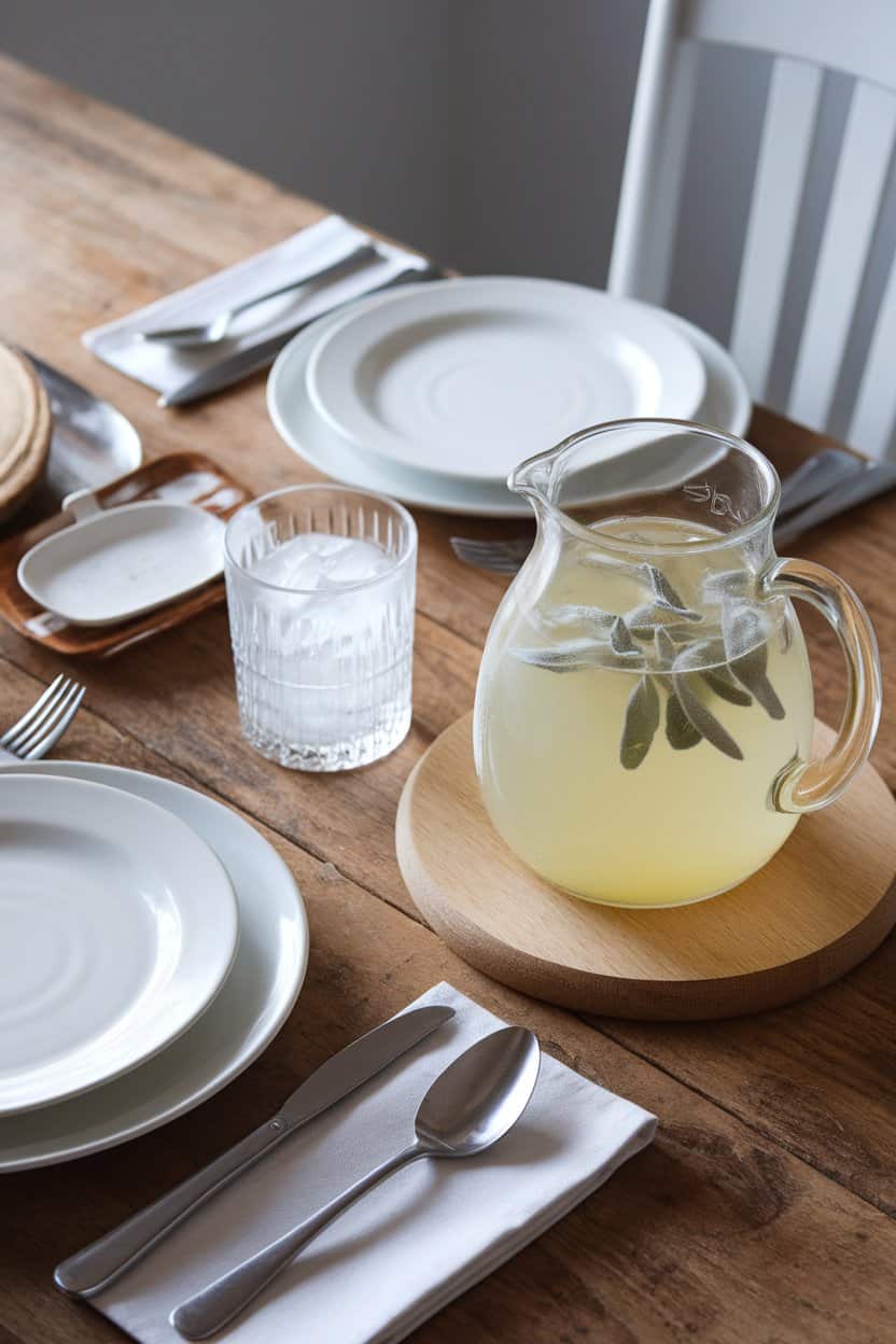 Photo of an indoor farmhouse table, pitcher of pale yellow lemonade with sage leaves drifting, glass beside it filled with ice; no text or logos
