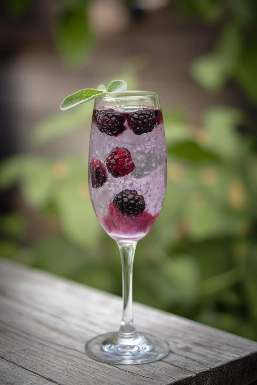 Indoor photo of a flute glass filled with purple blackberry drink, tiny sage leaf floating atop the bubbles; no text or logos.