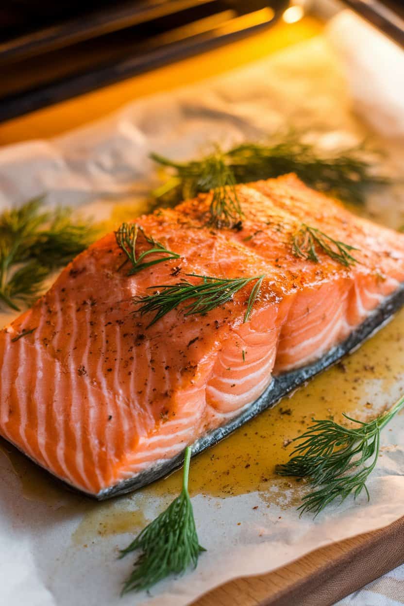 Indoor photo of cooked salmon fillet brushed with Dijon glaze, sprinkled with fresh dill, resting on parchment; warm oven-side lighting, no text or logos