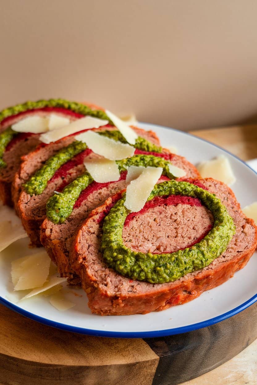 Indoor plate featuring meatloaf slices topped with vibrant green basil pesto and shavings of Parmesan. No text or logos. Photo only.