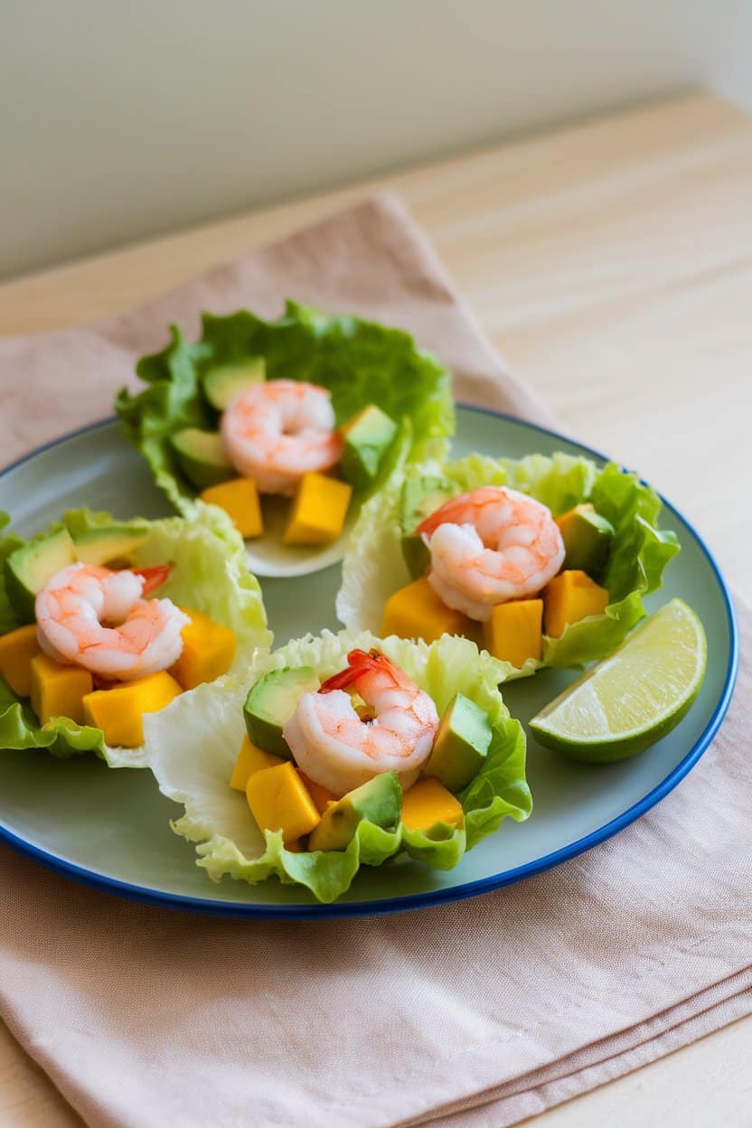 A well-lit indoor plate featuring butter lettuce cups filled with cooked shrimp, diced avocado, and mango chunks, lime wedge on side. No text or logos. Photo only.