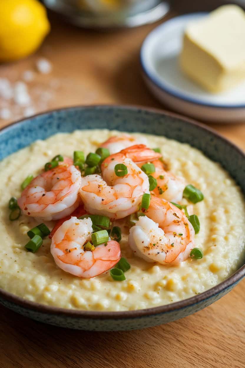 A shallow bowl of creamy grits topped with seasoned, cooked shrimp and chopped scallions, shot indoors. No text or logos. Photo only.