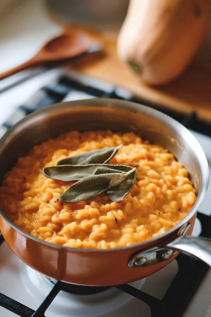 An indoor stove-side shot of a saucepan holding creamy butternut squash risotto, topped with crispy sage leaves. Soft, warm lighting; no logos or text.