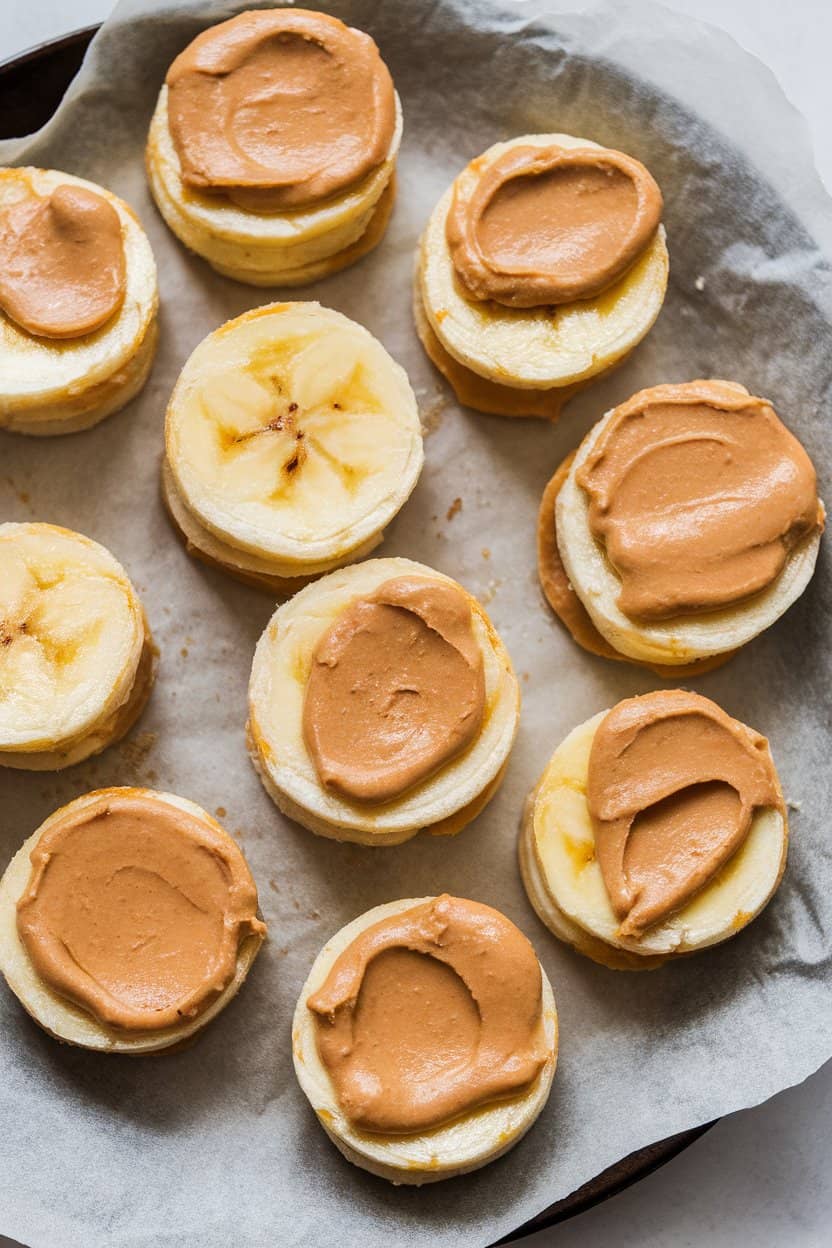 Indoor photo of bite-sized banana rounds sandwiched with peanut butter and arranged on a parchment-lined plate; no text or logos anywhere.