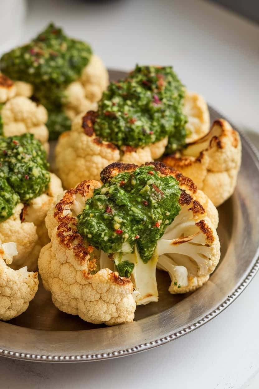 Indoor photo of thick roasted cauliflower slices topped with vibrant green chimichurri sauce on a serving platter; no text or logos