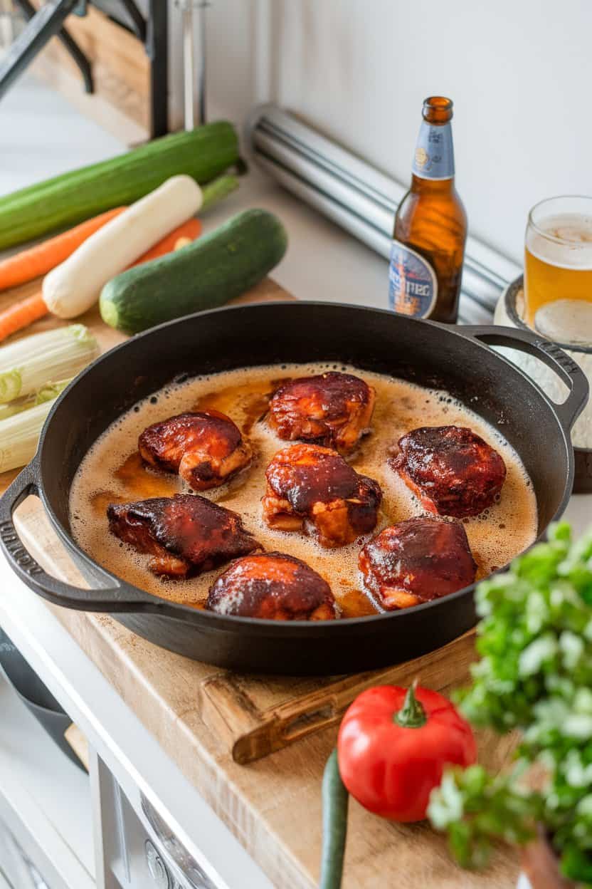 Indoor countertop featuring a cast-iron pan of barbecue-sauced chicken thighs simmering in foamy beer broth. No logos, real photo.