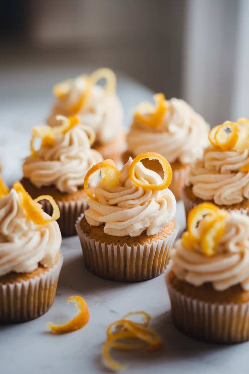 A softly lit indoor countertop with cupcakes frosted in pale orange buttercream, accented by tiny candied orange peel curls. No text or logos.