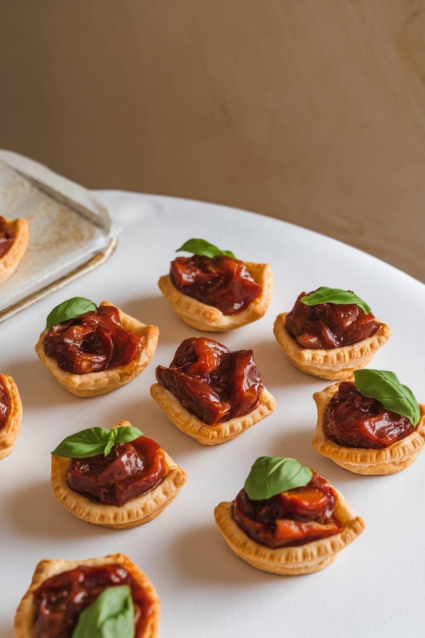 An indoor tabletop with bite-sized pastry shells filled with glossy eggplant caponata, garnished with basil ribbons. No text or logos.