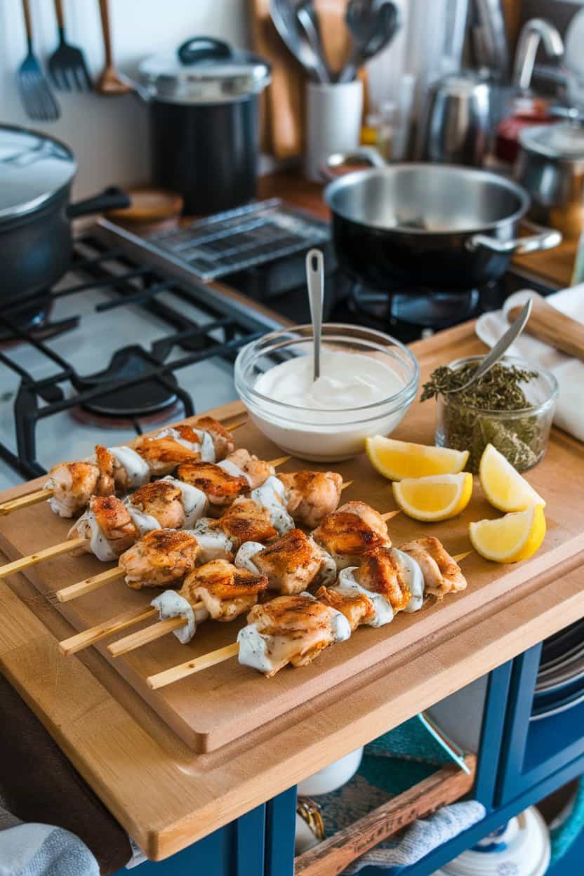 Indoor kitchen island showcasing skewered chicken thighs marinated in creamy yogurt with oregano, lemon wedges on the side. No branding, photograph.