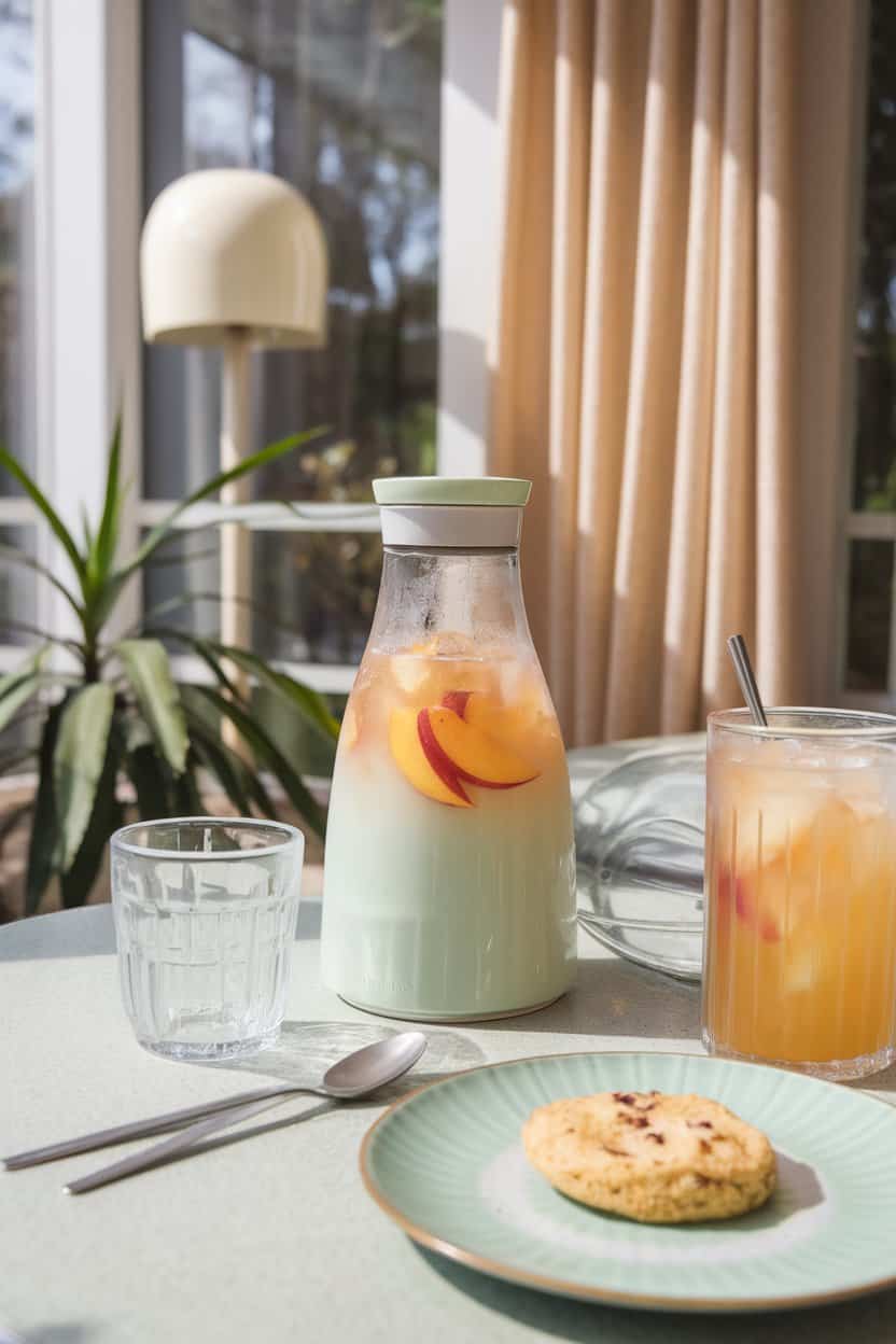 Indoor sunroom table with a carafe of pastel green and peach iced tea, peach slices visible, no text or logos. Photo