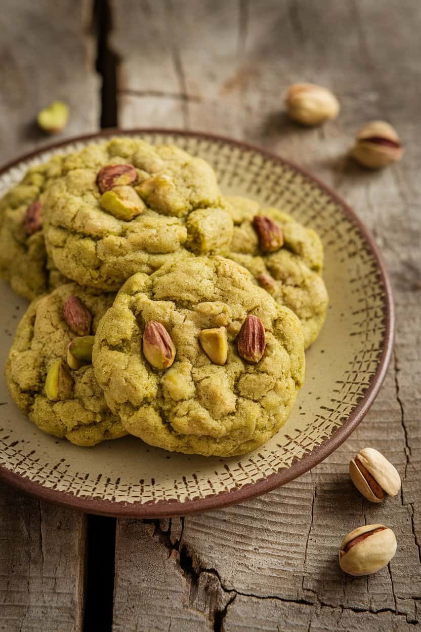 Indoor photo of green-tinged vegan pistachio cookies flavored with cardamom on a rustic plate, no text or logos