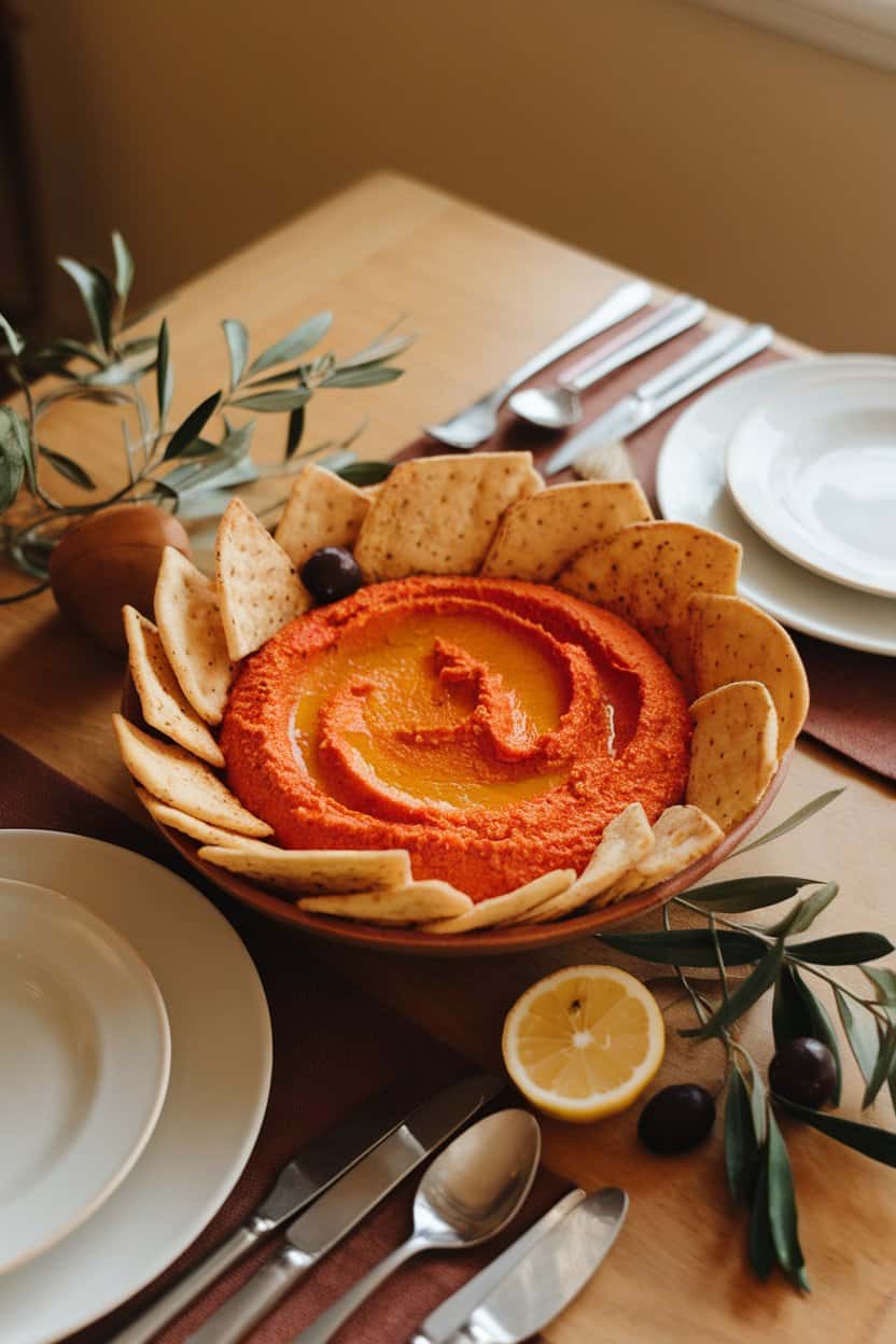 A warm indoor dining table showing a shallow bowl of vibrant roasted red pepper hummus, surrounded by toasted pita chips fanned around the edge. No text or logos.
