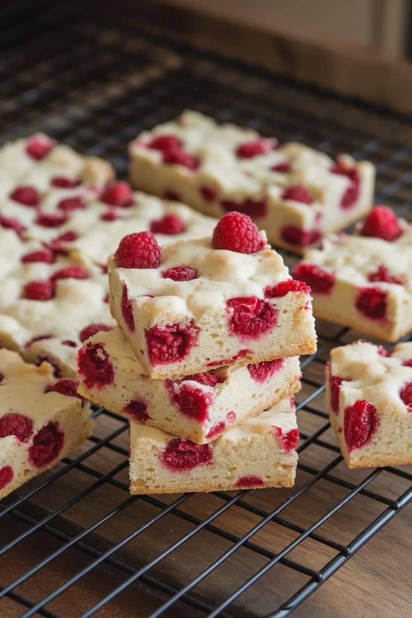 An indoor baking rack with square white chocolate blondies studded with raspberries, some pieces stacked to show gooey centers. No text or logos; photo.