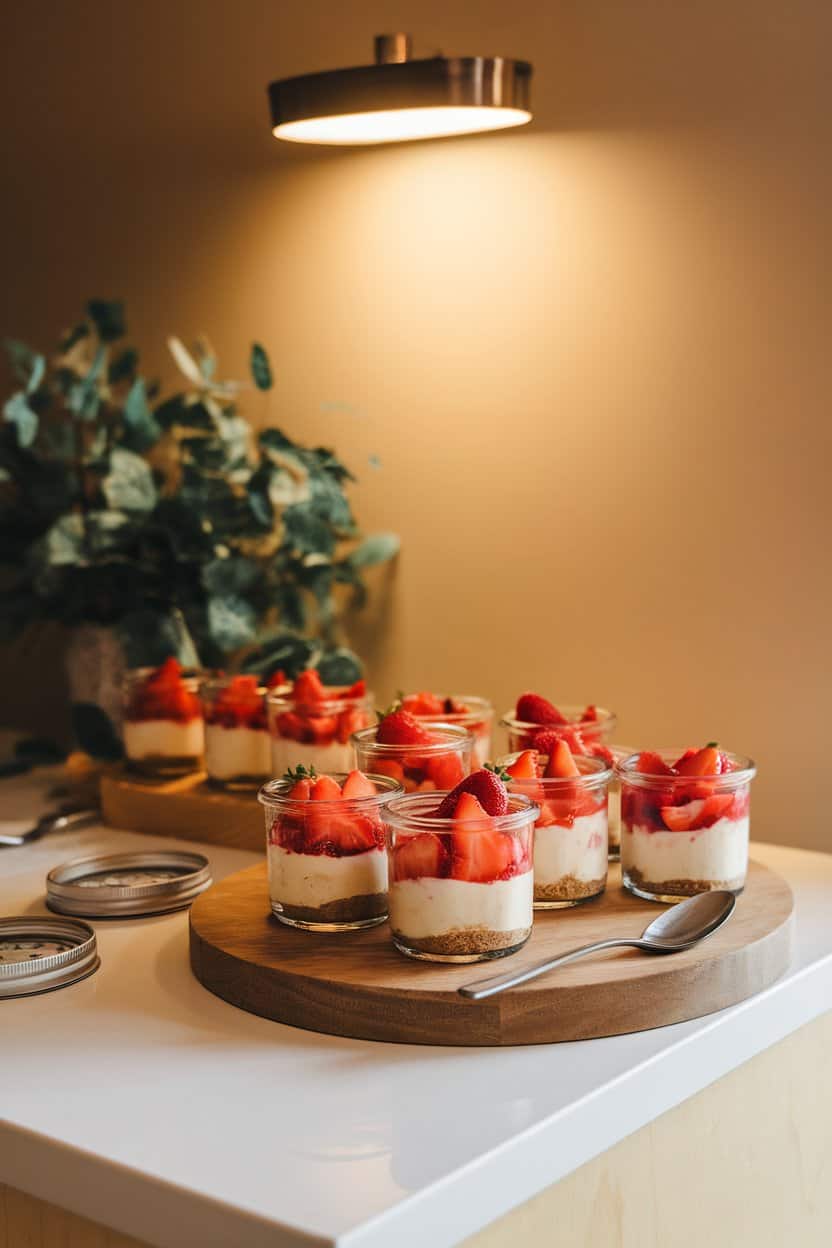 A warmly lit indoor dessert station with small glass jars layered with graham crust, creamy cheesecake, and strawberry topping, lids off, no text or logos.