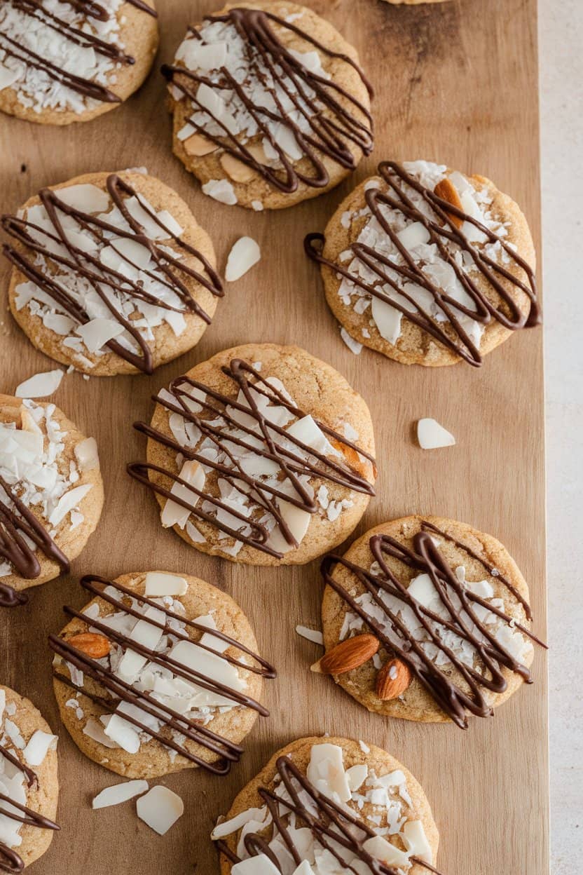 Indoor photo of vegan cookies with shredded coconut, almond pieces, and melted chocolate drizzle on top, no text or logos