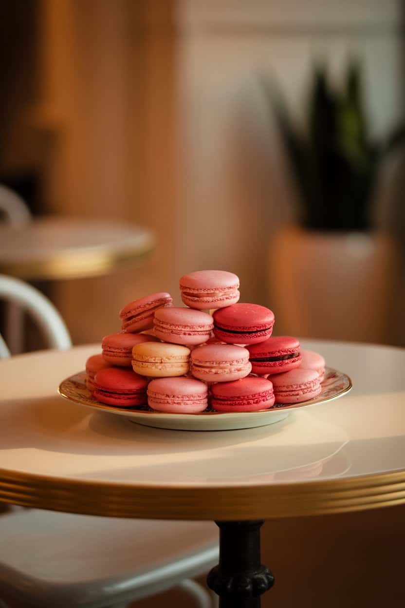 A softly lit indoor café table featuring a porcelain plate piled with pink and red French macarons, smooth shells visible, no text or logos.