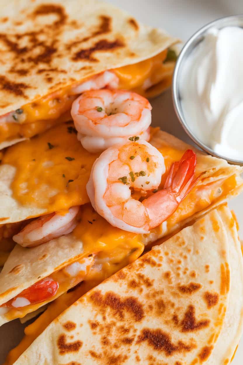 Indoor close-up of golden quesadilla wedges revealing shrimp, melted cheese, and specks of chipotle. Sour cream dollop on the side, no text or logos.