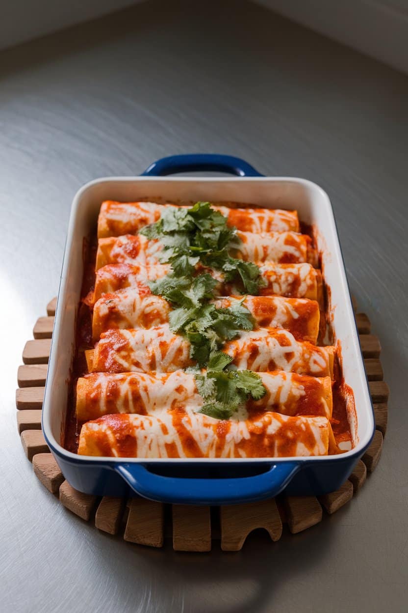 A baking dish on an indoor countertop filled with cheesy, sauce-covered chicken enchiladas, cilantro scattered on top, no text or logos.