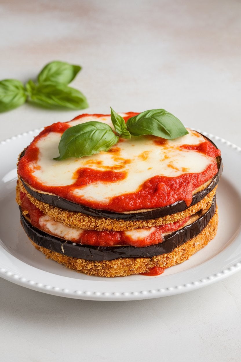Indoor photo of layered eggplant rounds breaded and baked, stacked with marinara sauce and melted mozzarella on a white plate. No text or logos shown.