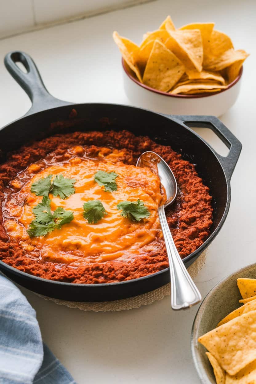 A cast-iron skillet on an indoor countertop holding bubbling chili cheese dip, a spoon resting on the side. Tortilla chips piled in a bowl nearby, no visible text or logos.