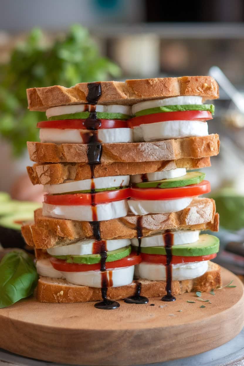Indoor photo of stacked sandwiches featuring layers of fresh mozzarella, tomato slices, avocado, and basil, drizzled with balsamic on rustic bread. No text or logos.