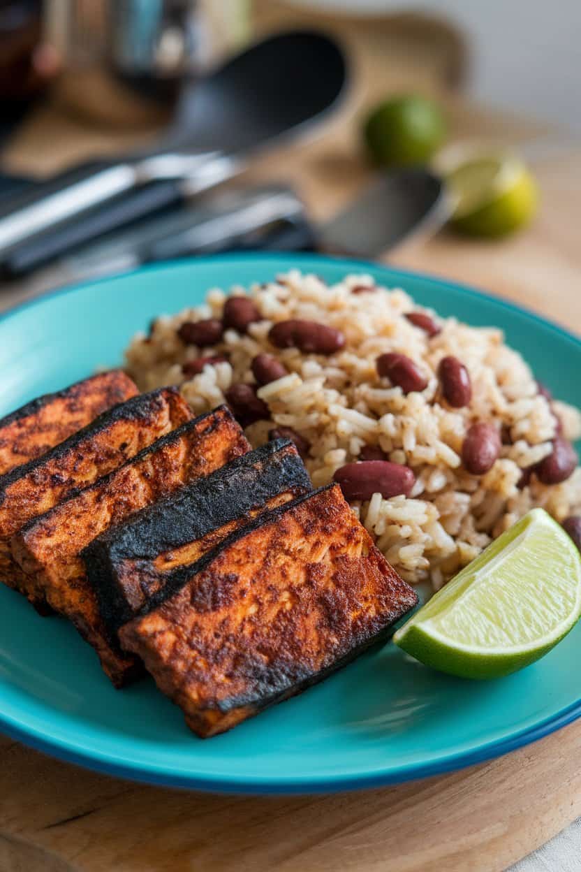 Indoor plate featuring slices of charred jerk tempeh beside coconut rice studded with kidney beans, lime wedge on side, no text or logos.