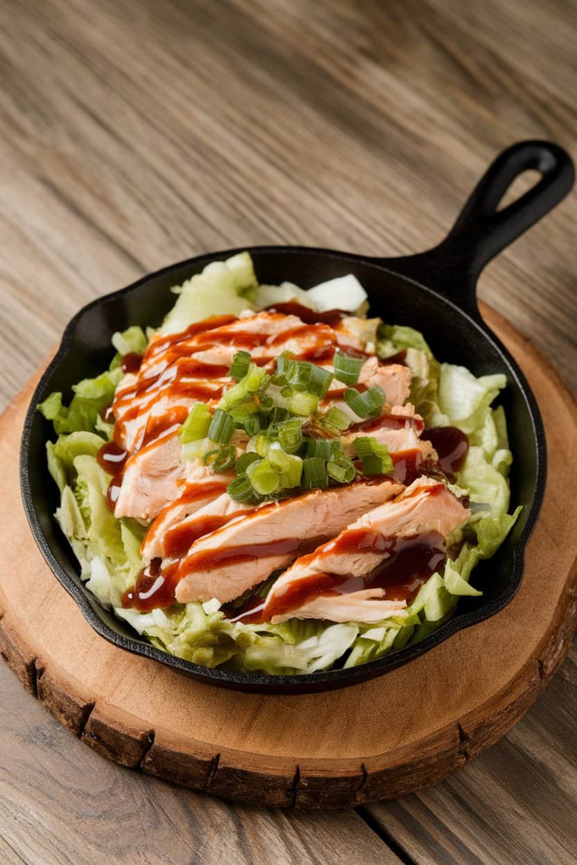 Indoor photo of smoky BBQ ranch chicken salad in a cast-iron mini skillet, topped with scallions and a drizzle of extra sauce, wood grain tabletop—no text or logos