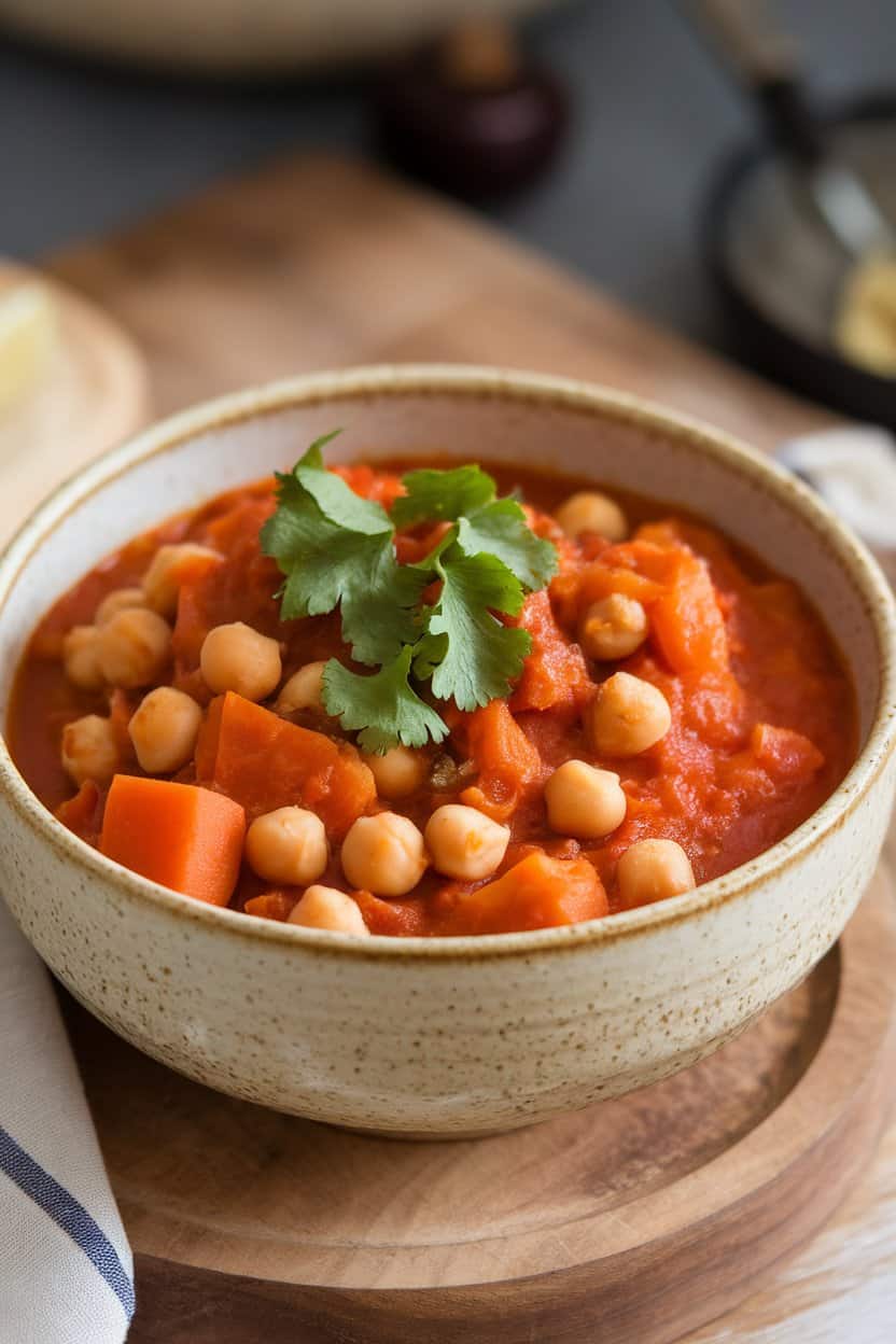 Indoor soup bowl of warmly spiced tomato-based stew with chickpeas, carrots, and apricots, cilantro sprinkled on top. No text or logos, photo not illustration.