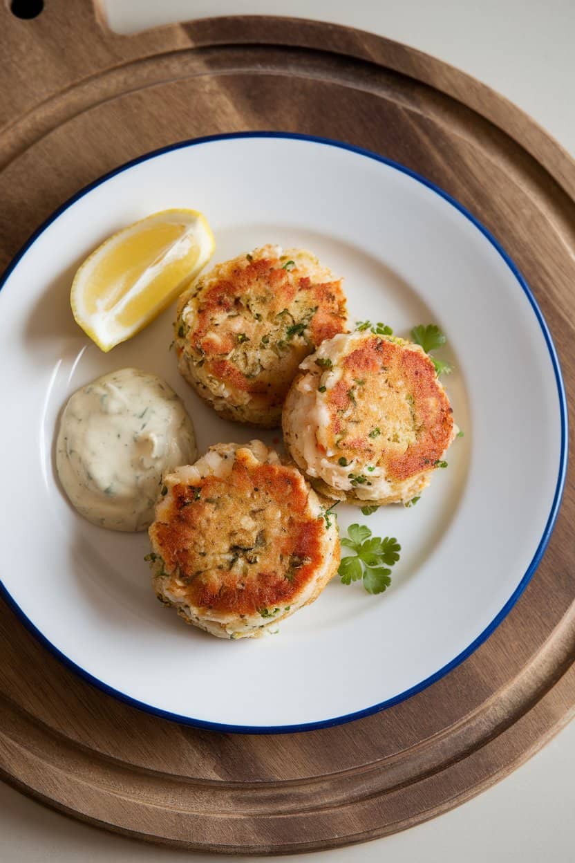 An indoor plate with three golden crab cakes, a lemon wedge, and a small dollop of remoulade. No logos in sight.